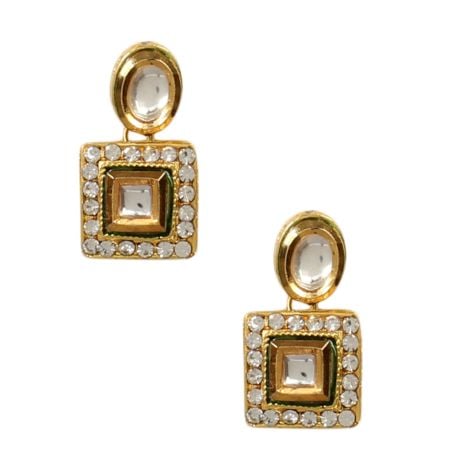 Handcrafted Square Mirror Drop Earrings with Crystal Border
